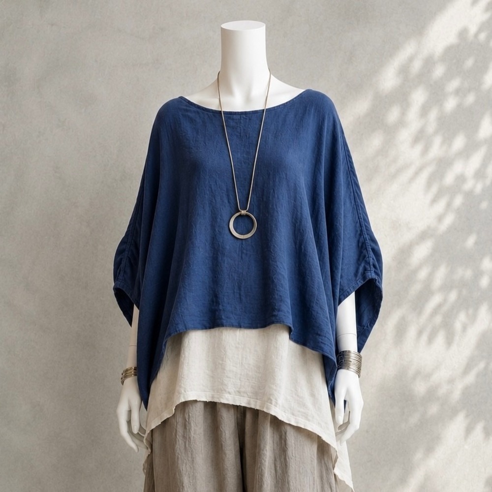 Azucar Linen Top OS Navy Cropped Boxy Boho Festival Lagenlook Minimalist Blouse